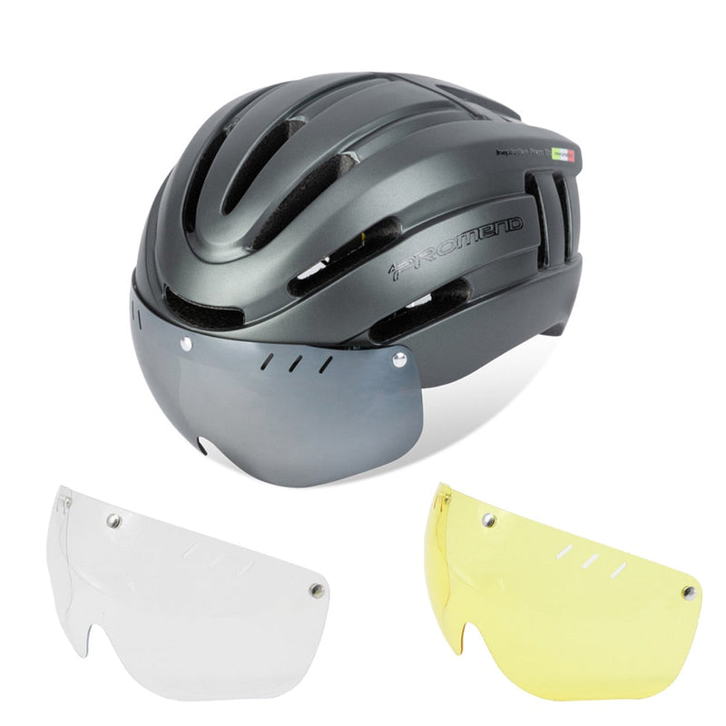 Casco de ciclismo Promend para hombre y mujer con luz trasera y visera magnética 
