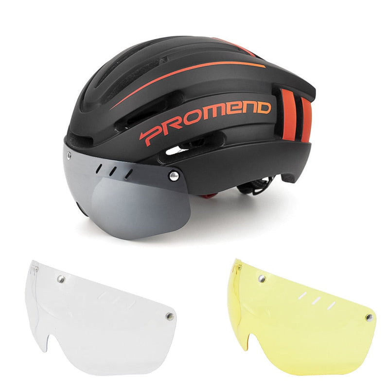 Casco de ciclismo Promend para hombre y mujer con luz trasera y visera magnética 
