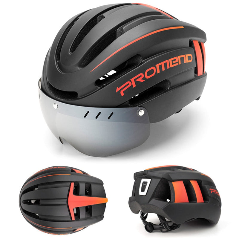 Casco de ciclismo Promend para hombre y mujer con luz trasera y visera magnética 