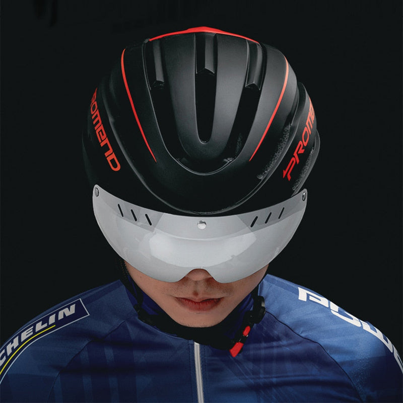 Casco de ciclismo Promend para hombre y mujer con luz trasera y visera magnética 