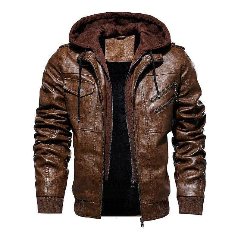 Men's 100% Genuine Leather Jacket with Removable Hood 